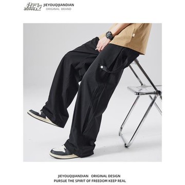 vintage褲子男女春秋寬松垂感直筒休閑褲高街潮牌痞帥黑色工裝褲