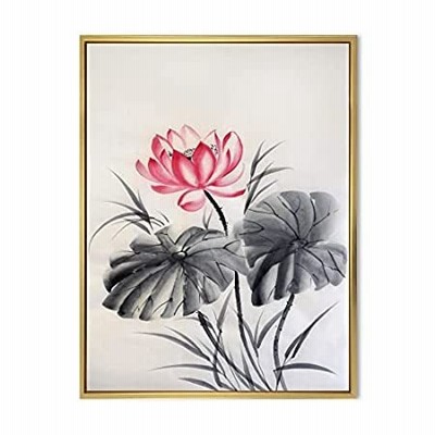 特別価格DesignQ Lotus Flower With Two Monochrome Leaves - Traditional Framed Canvas好評販売中