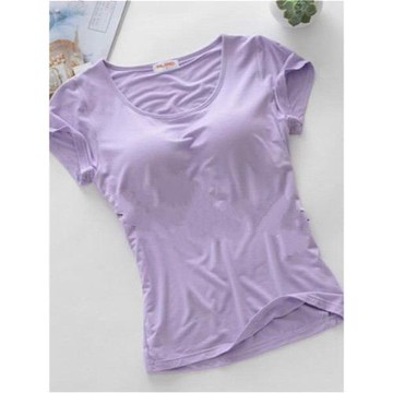 莫代爾夏季帶胸墊短袖半袖家居服純色t恤自帶內衣文胸一體瑜伽衣