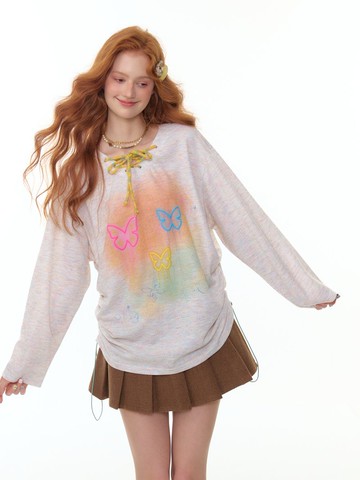 ziziFei秋冬新款美式設計感抽繩花灰色蝴蝶印花V領綁帶長袖t恤女