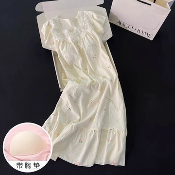 【台灣出貨】 帶胸墊睡裙 女生睡裙 涼感睡裙 連身睡裙夏季薄款睡衣女新款短袖中長款睡裙甜美公主風可外穿家居服