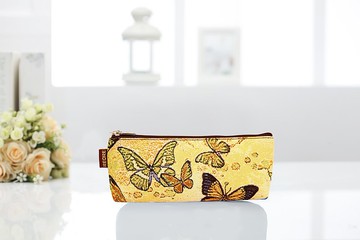 三角筆袋  防潑水 平織緹花 戀蝶金黃
