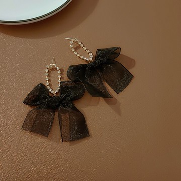 甜美布藝黑色蝴蝶結耳釘韓國氣質耳環網紅耳飾2021年新款潮耳墜女