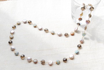 深秋色石和硬幣珍珠項鍊 14kgf