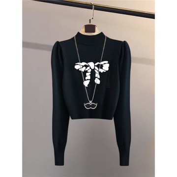 復古泡泡袖打底衫小半高領針織衫女秋冬洋氣內搭時尚短款高腰上衣