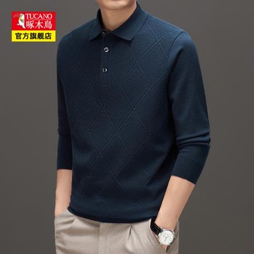 啄木鳥含羊毛男士長袖針織衫2025春季新款休閑翻領百搭打底毛衣男