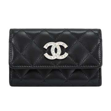 CHANEL AP3989 雙C方鑽LOGO菱格小羊皮卡片零錢包.黑銀