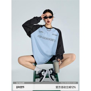 ICH MODE 美式運動插肩袖長袖T恤女秋寬松圓領衛衣上衣2026新款