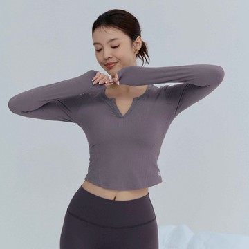 螺紋開襟領口長袖上衣(固定式胸墊)-岩石灰(M預購，預計1月8號寄出)