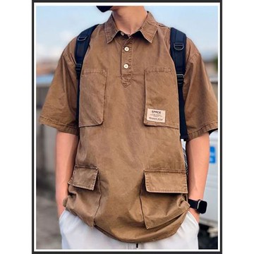 日系polo衫短袖翻領t恤男士夏季潮牌ins高級感痞帥工裝多口袋襯衫