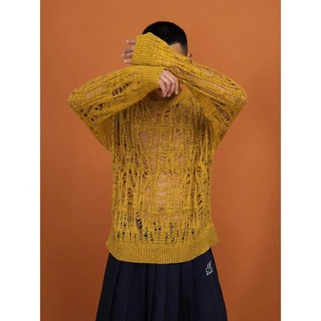 法式鏤空刺繡花長袖針織衫男 秋季薄款寬鬆慵懶風防晒罩衫上衣男