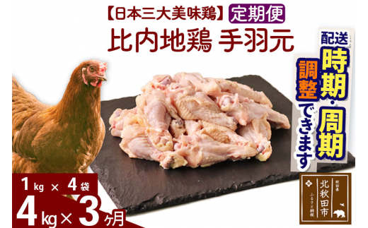 《定期便3ヶ月》 比内地鶏 手羽元 4kg（1kg×4袋）×3回 計12kg |jaat-070903