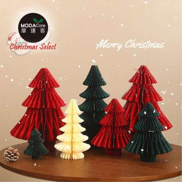 摩達客-人氣環保折疊蜂窩紙聖誕樹質感3入兩大一小組_綠色30cm＋紅色30cm＋白色20cm各一_耶誕派對佈置擺飾首選