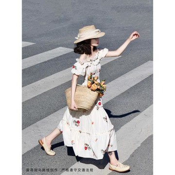 裙子女夏季新款法式設計小眾高級感印花短袖碎花連衣裙子收腰顯瘦