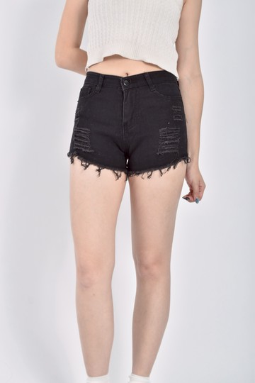 (S) 質感丹寧牛仔刷破黑色短褲