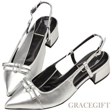 【Grace Gift】赫本風尖頭雙蝴蝶結後空跟鞋 銀