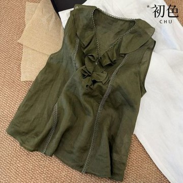 初色 法式純色荷葉邊蕾絲鑲邊V領無袖襯衫背心女背心-綠色-51819(M-2XL可選)