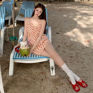 抹胸短裙 夏天 波點連身裙女 褶皺包臀裙 性感辣妹 包臀短裙