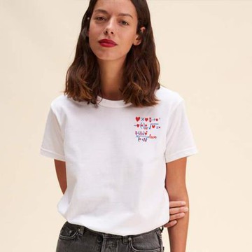 現貨~2021年夏天法式小眾純棉復古風可愛心方程式刺繡寬松短袖T恤