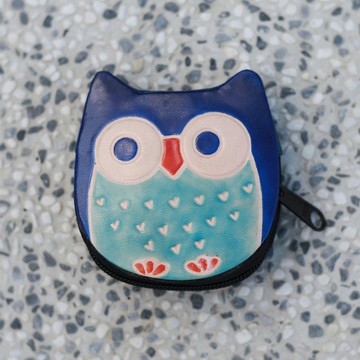 山羊皮零錢包-藍色貓頭鷹-公平貿易