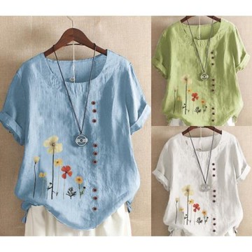 麗莎熊 LisaBear 大尺碼前鈕扣黃白杏花印花棉麻上衣 S~5XL 多色可選