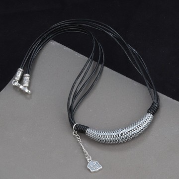 S925純銀月牙彎管項鏈復古流蘇福牌皮繩鎖骨鏈項鏈女短款六字真言