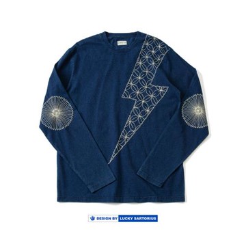 KAPITAL平田和宏日系復古男裝水洗藍染牛仔色閃電刺繡長袖T恤男女