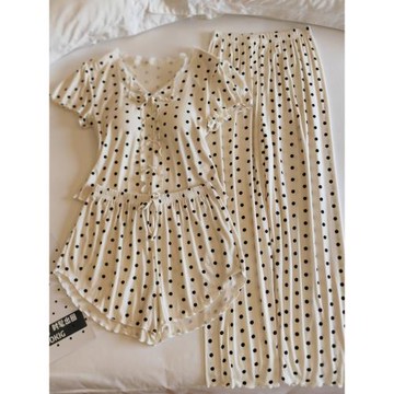 帶胸墊睡衣女夏季短袖短褲兩件套薄款性感純欲風莫代爾波點家居服