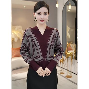 酒紅色針織衫女2024新款春秋V領松弛感寬松拼色毛衣慵懶高級感