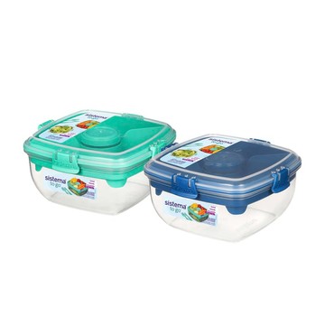 TOGO 隨行保鮮盒方形分層(附醬料罐餐具)1.1L - 綠/藍 藍
