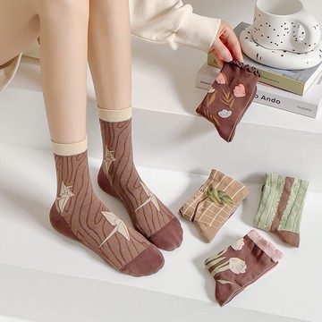 復古森系襪子 女士木耳邊中筒襪 咖色小花藝文少女襪