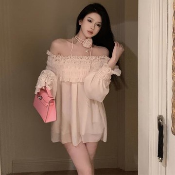 純欲風甜辣妹性感荷葉邊一字肩連衣裙小個子超仙氣質雪紡裙子夏季