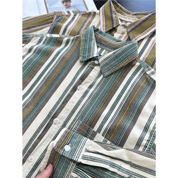 少見撞色！日系復古男士工裝襯衫燈芯絨條紋寬松長袖襯衣外套男潮