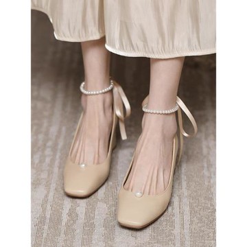 原野蝴蝶結絲帶珍珠時尚淺口方頭粗跟高跟鞋單鞋子女2025春季新款