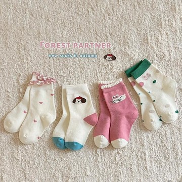 VIVILIAN女童韓系可愛卡通花邊無骨中筒襪（4雙入）