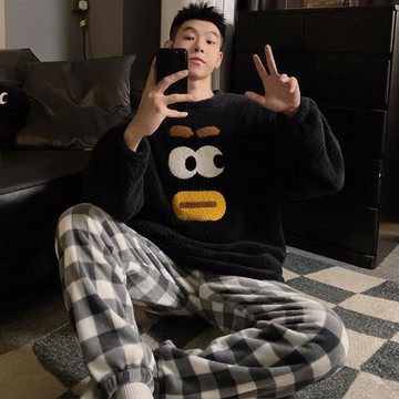 珊瑚絨睡衣男秋冬季新款加絨加厚小熊男士法蘭絨家居服可外穿套裝