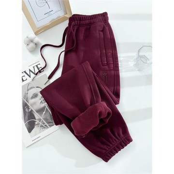 高端棗紅色加絨女裝褲子冬季加厚中老年衛褲冬天媽媽保暖舒適褲子