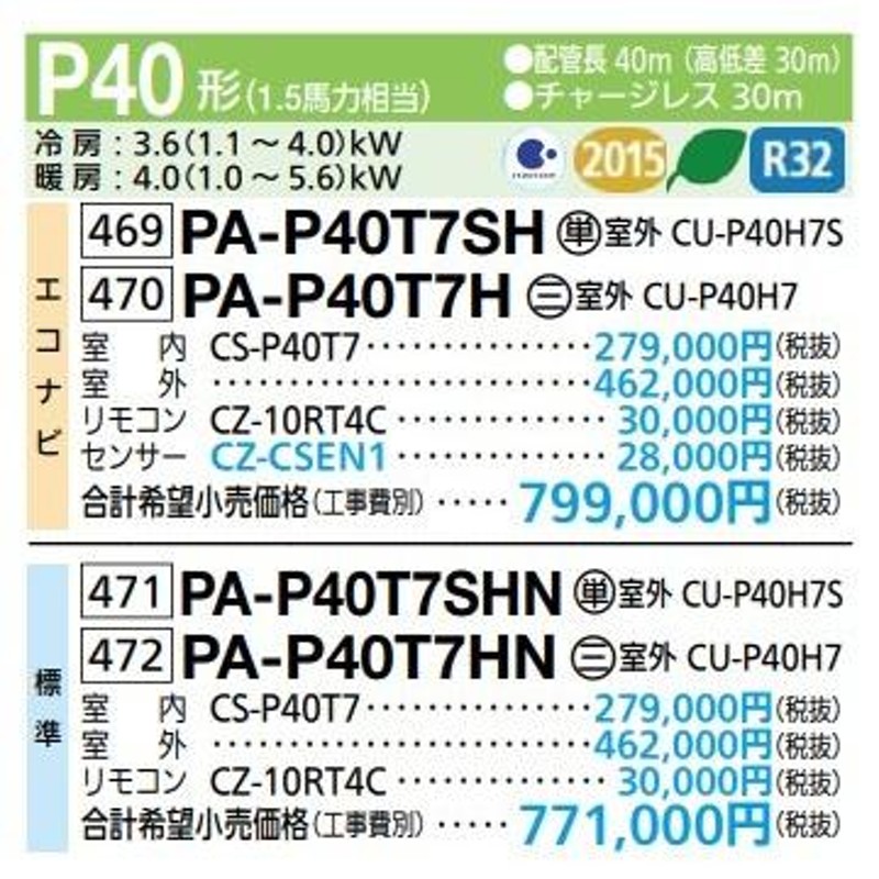 業務用エアコン パナソニック PA-P40T7SHN 天井吊形 XEPHY Eco 標準