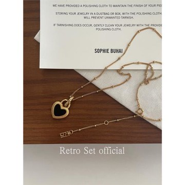 925純銀時尚輕奢鍍18k金天然黑瑪瑙白貝母雙面愛心鎖吊墜女項鏈