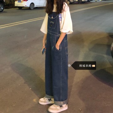 背帶褲女夏小個子寬松韓版學生復古減齡日系可愛直筒闊腿牛仔長褲