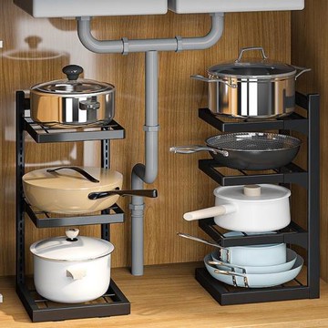 廚房水槽下櫥柜內多層鍋架水斗下不銹鋼收納置物架可調節臺面角架