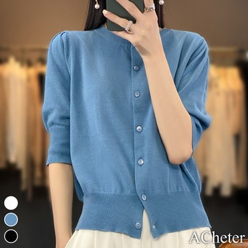【ACheter】圓領五分袖針織衫薄款唇色短版百搭上衣# 116488(現貨+預購)