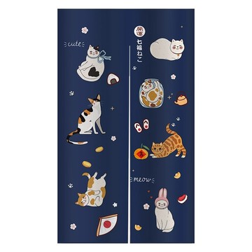日式長門簾 開運七福貓  88 x 150cm  藍色