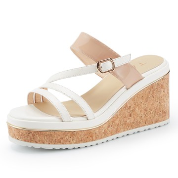 TAS 羊皮條帶配色厚底坡跟拖鞋 米白 #44360