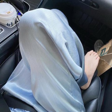 夏季薄款絲滑緞面雪紡闊腿褲女夏高腰垂感飄逸松緊腰防曬褲子藍色