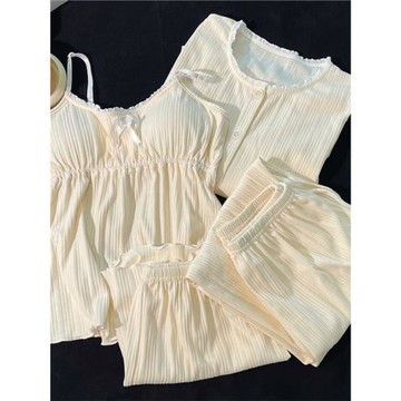 睡衣女夏季純棉吊帶短褲長袖帶胸墊杏色春秋新款四三件套裝家居服