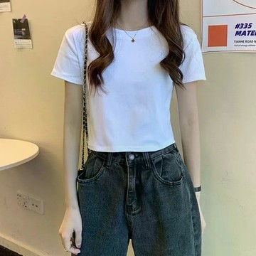 短袖T卹女  40支彈性棉純色小個子精緻上衣2026新款白色短袖T卹女百搭ins正肩短上衣q
