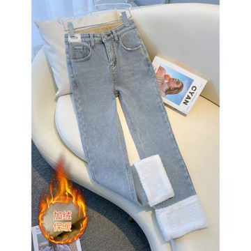 加絨煙管褲直筒牛仔褲女2025新款冬厚絨一條過冬卷邊小個子九分褲