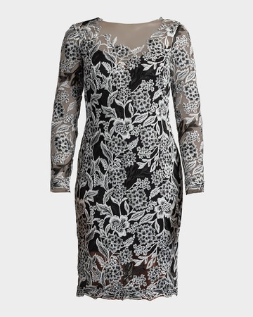 Floral-Embroidered Illusion Midi Dress
