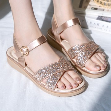 韓國 PINKELEPHANT - 閃耀亮片麵包軟底涼鞋(2.5cm)-玫瑰金